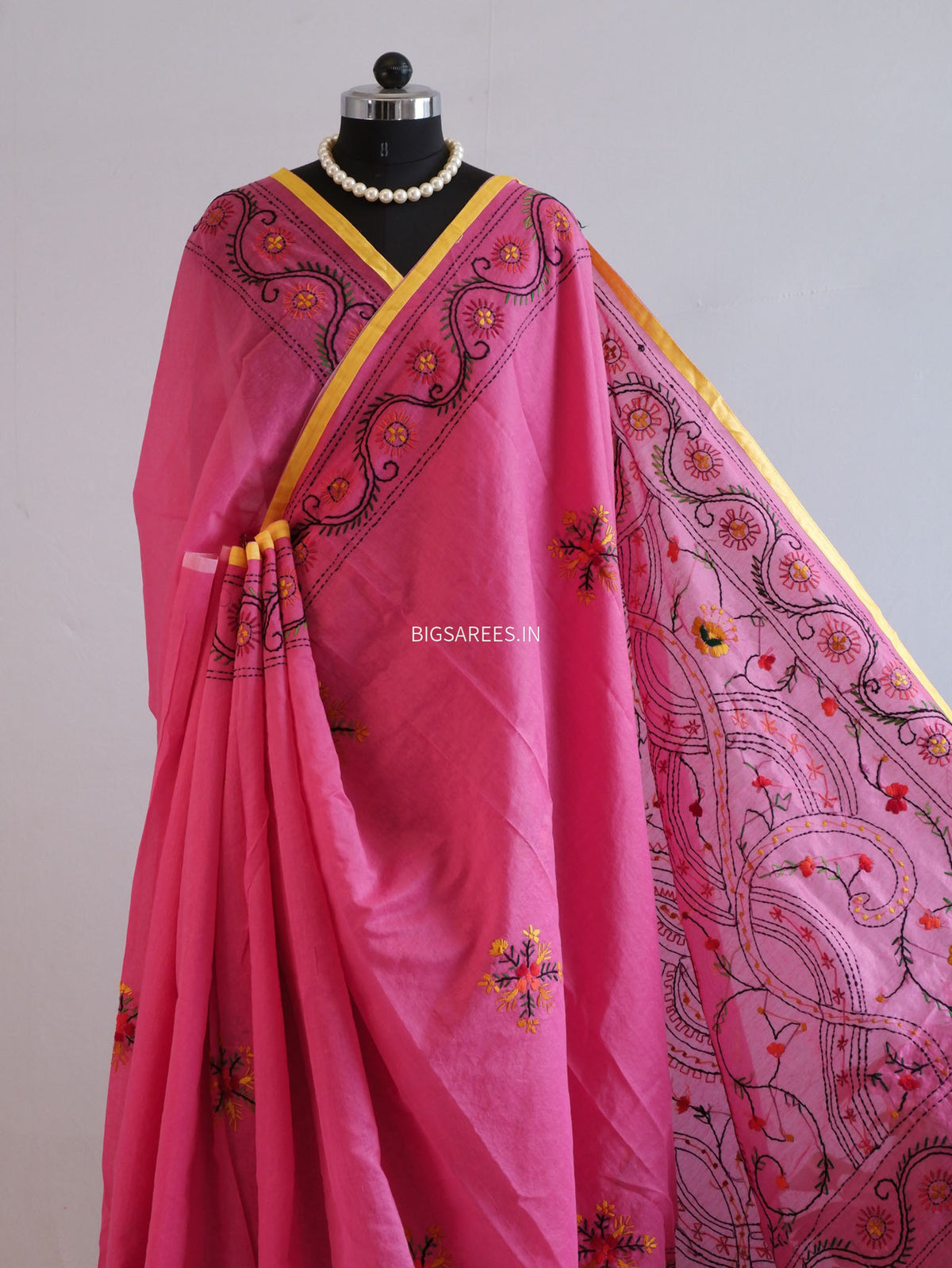 Phulkari Hand-Embroidered Saree | Chanderi Silk | Dark Pink
