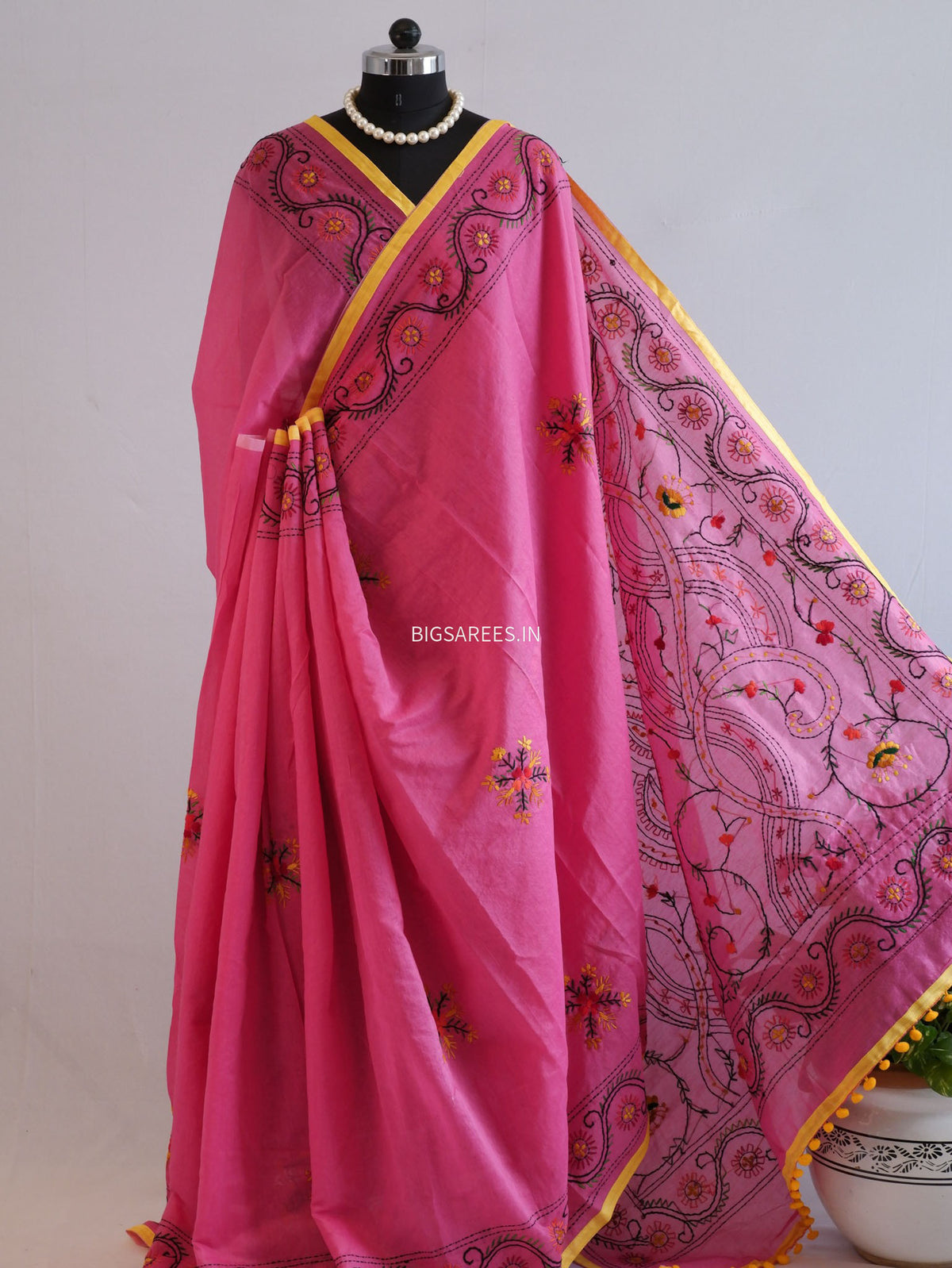 Phulkari Hand-Embroidered Saree | Chanderi Silk | Dark Pink