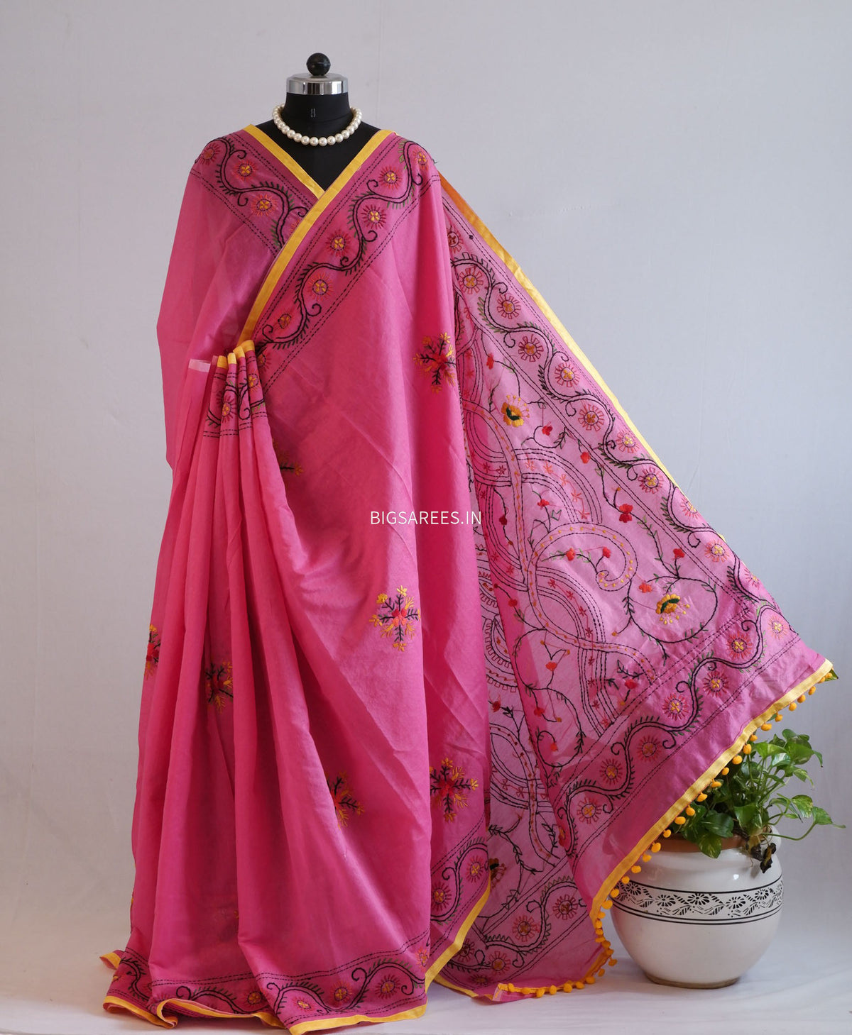 Phulkari Hand-Embroidered Saree | Chanderi Silk | Dark Pink