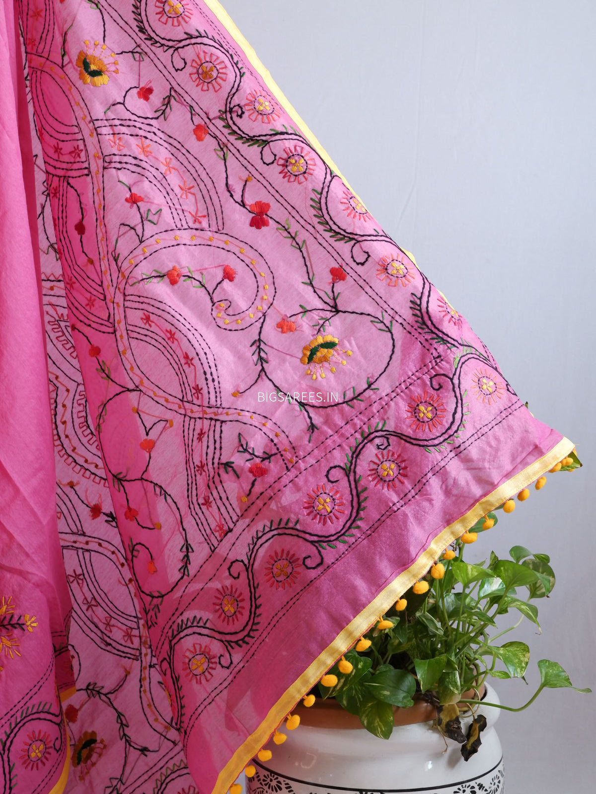 Phulkari Hand-Embroidered Saree | Chanderi Silk | Dark Pink