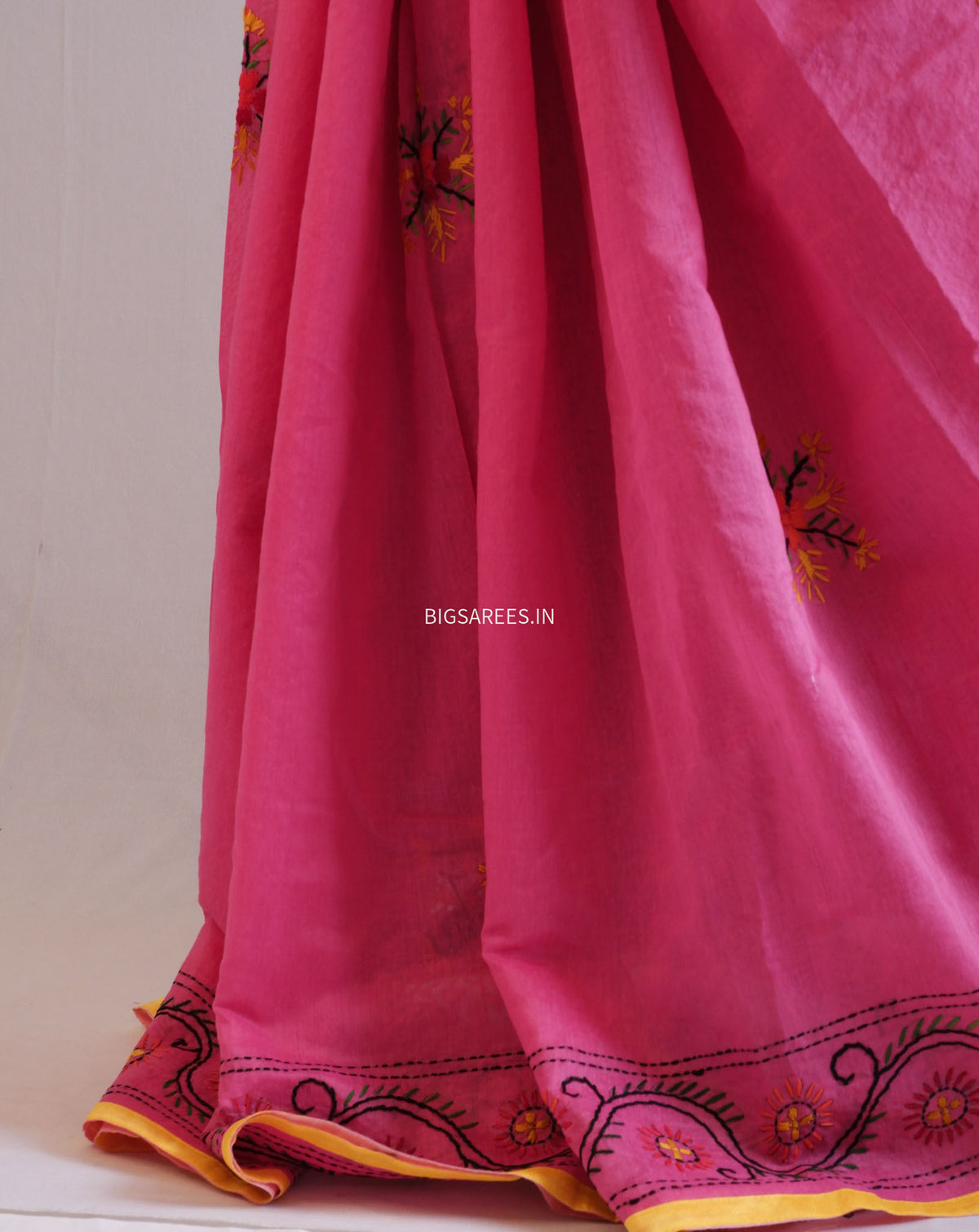 Phulkari Hand-Embroidered Saree | Chanderi Silk | Dark Pink