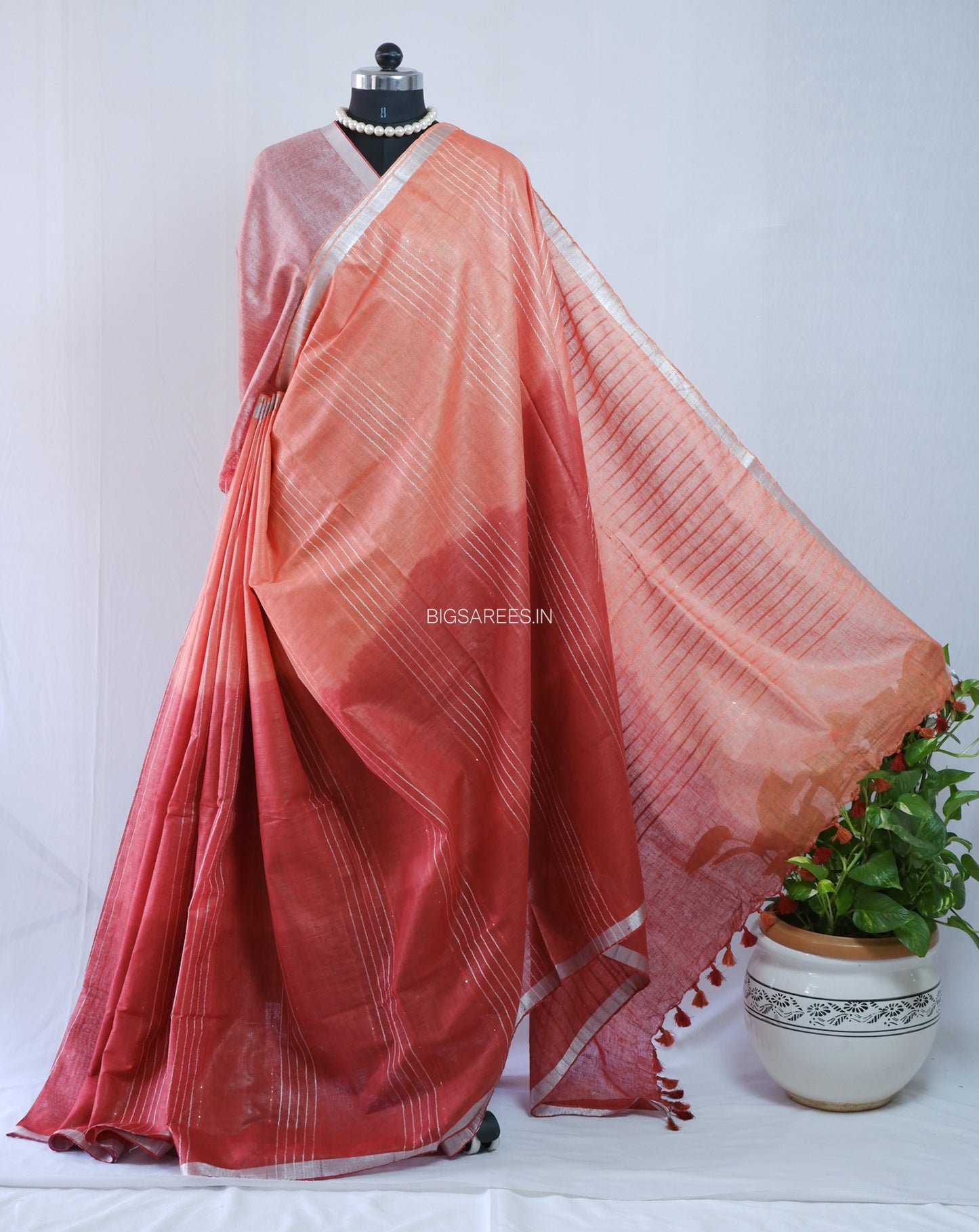 Linen by Linen Saree | With Blouse | Teracotta