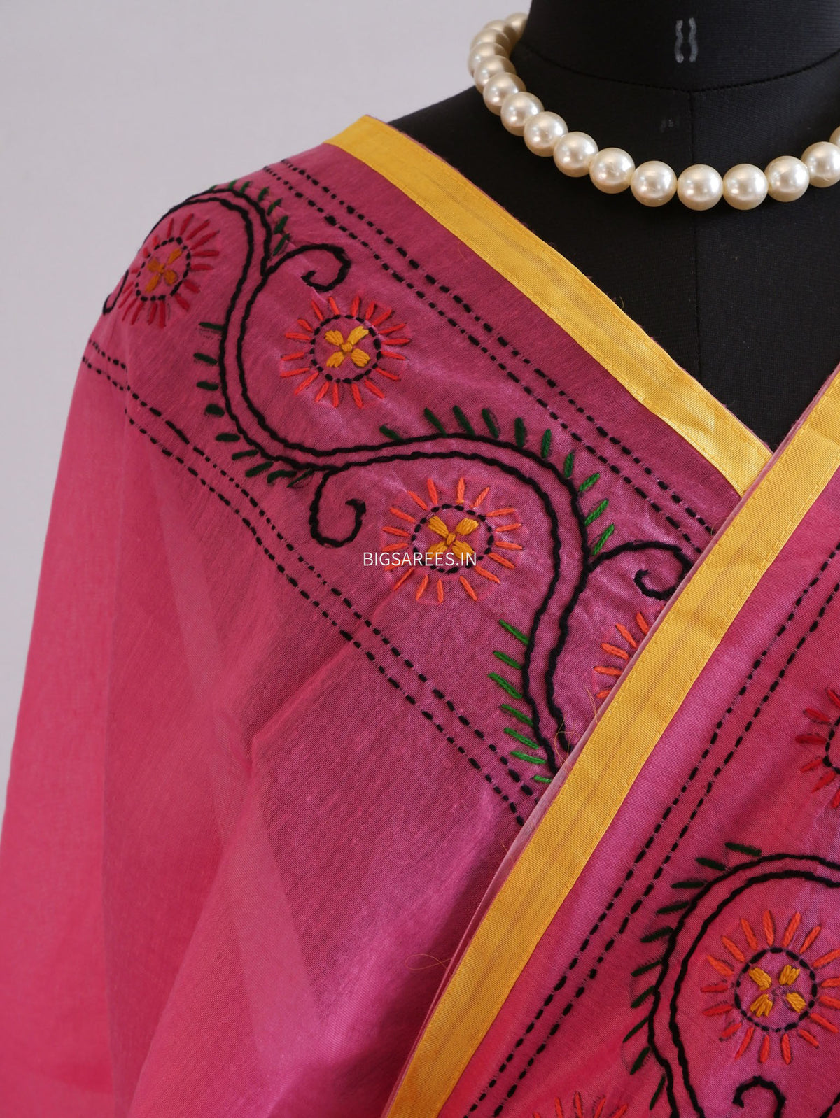 Phulkari Hand-Embroidered Saree | Chanderi Silk | Dark Pink