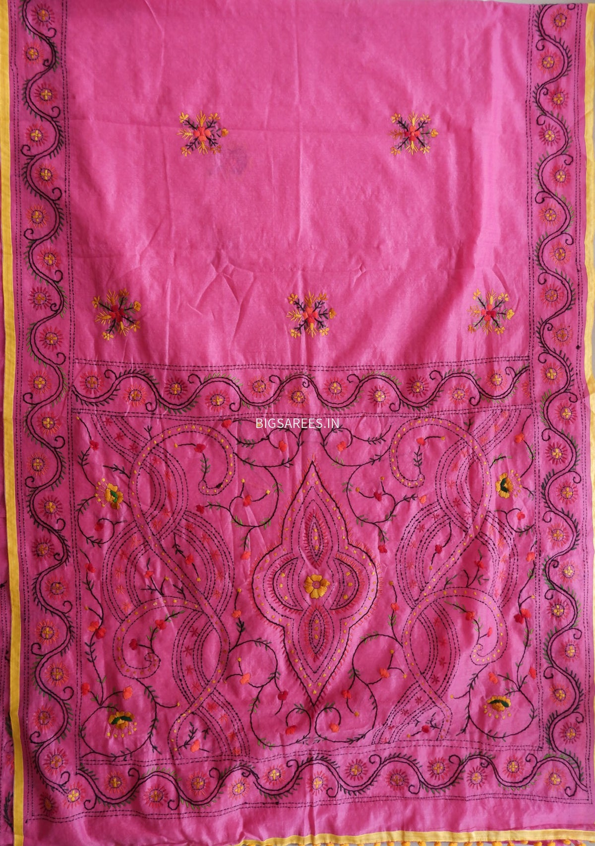Phulkari Hand-Embroidered Saree | Chanderi Silk | Dark Pink