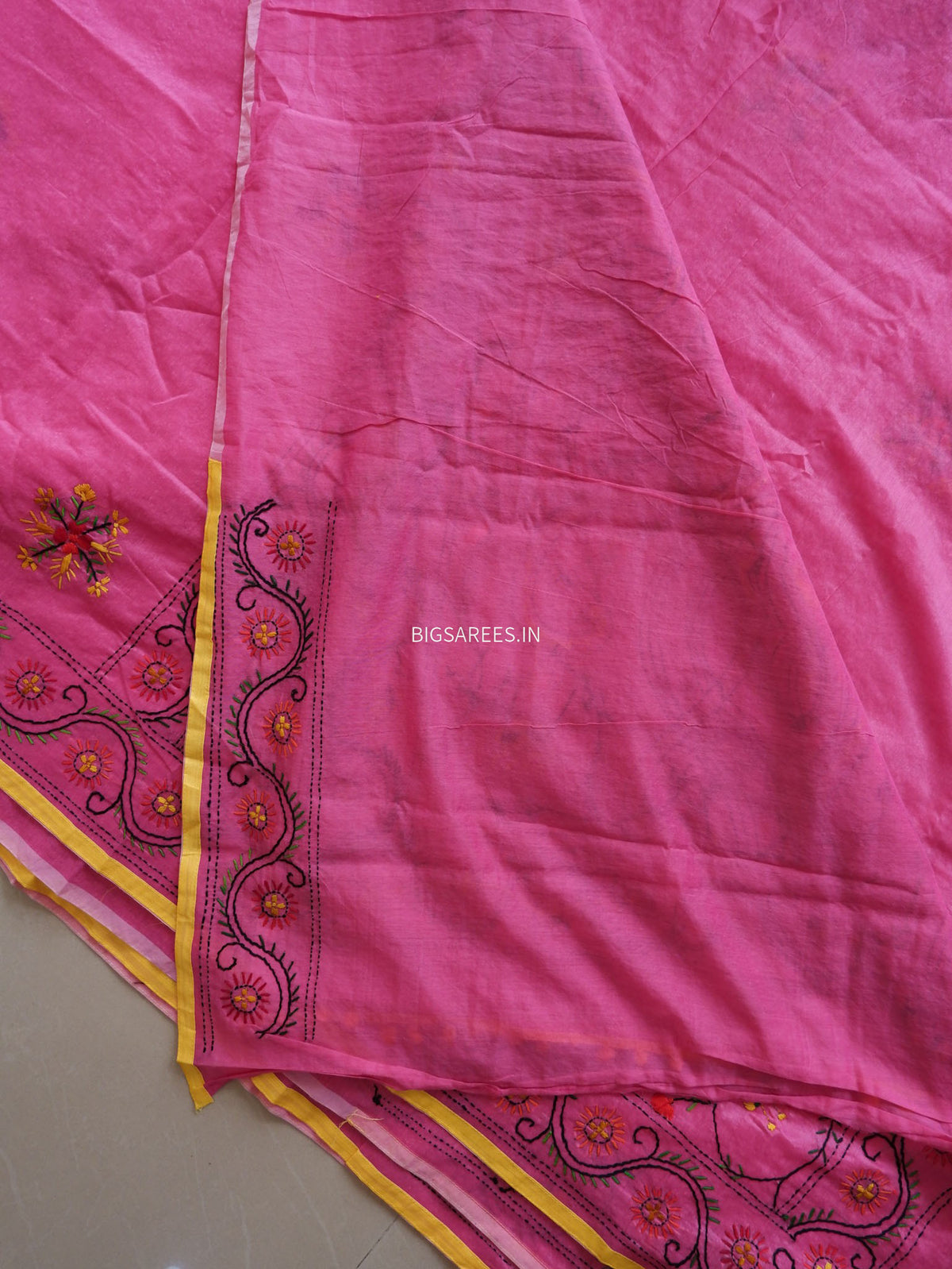 Phulkari Hand-Embroidered Saree | Chanderi Silk | Dark Pink