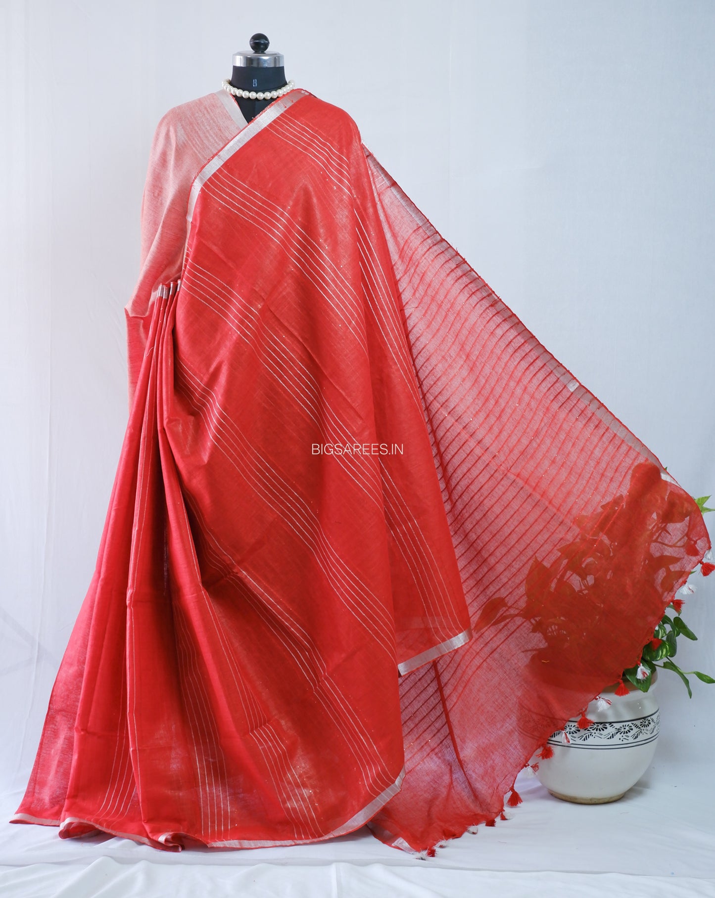 Linen by Linen Saree | With Blouse | Red
