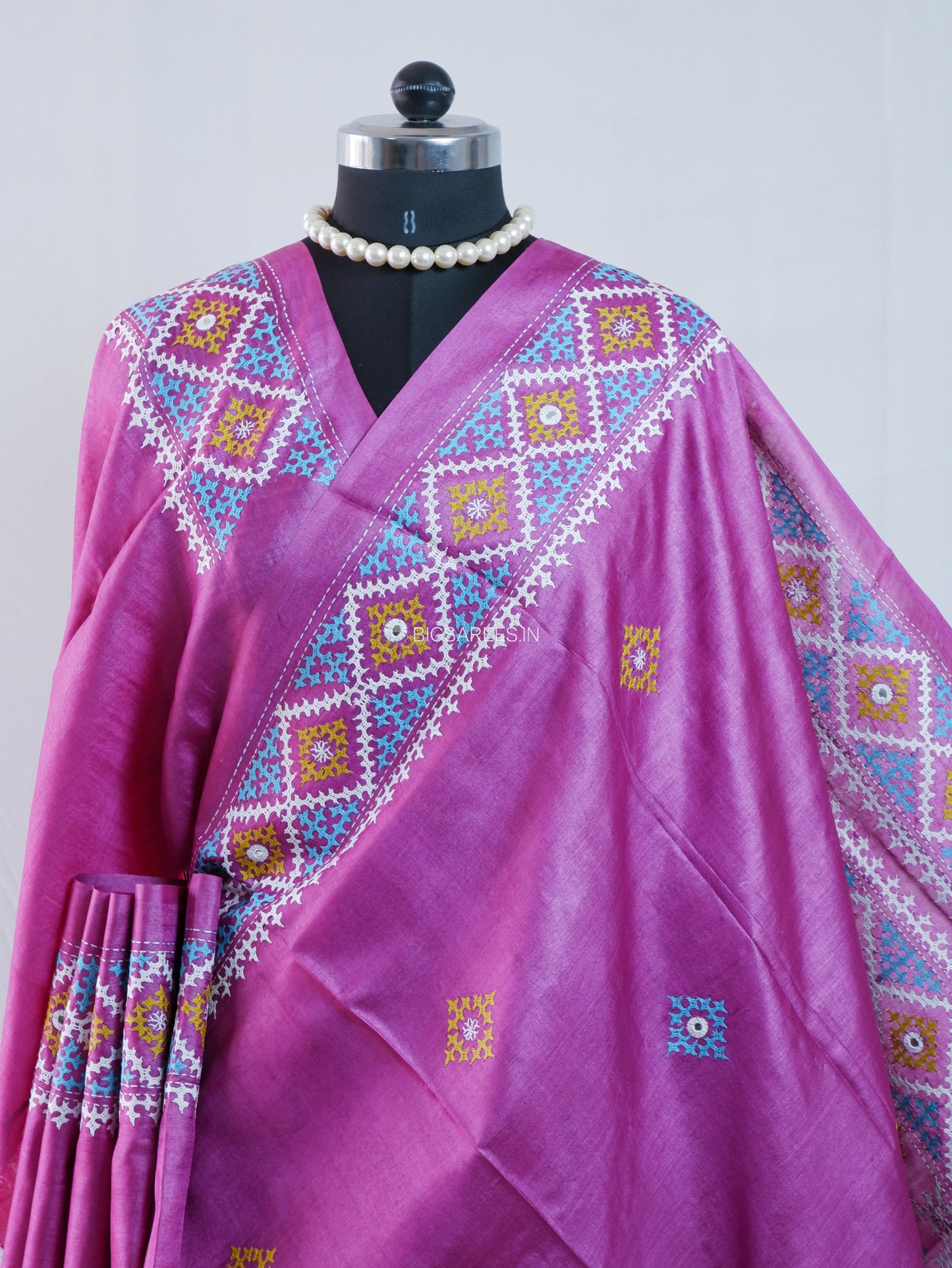 Gujrati/Kutch Hand Embroidered Saree | Tassar Silk | Silk Marked | Pink