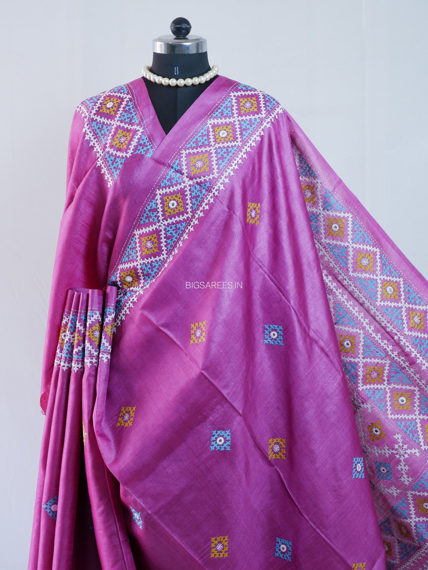Gujrati/Kutch Hand Embroidered Saree | Tassar Silk | Silk Marked | Pink