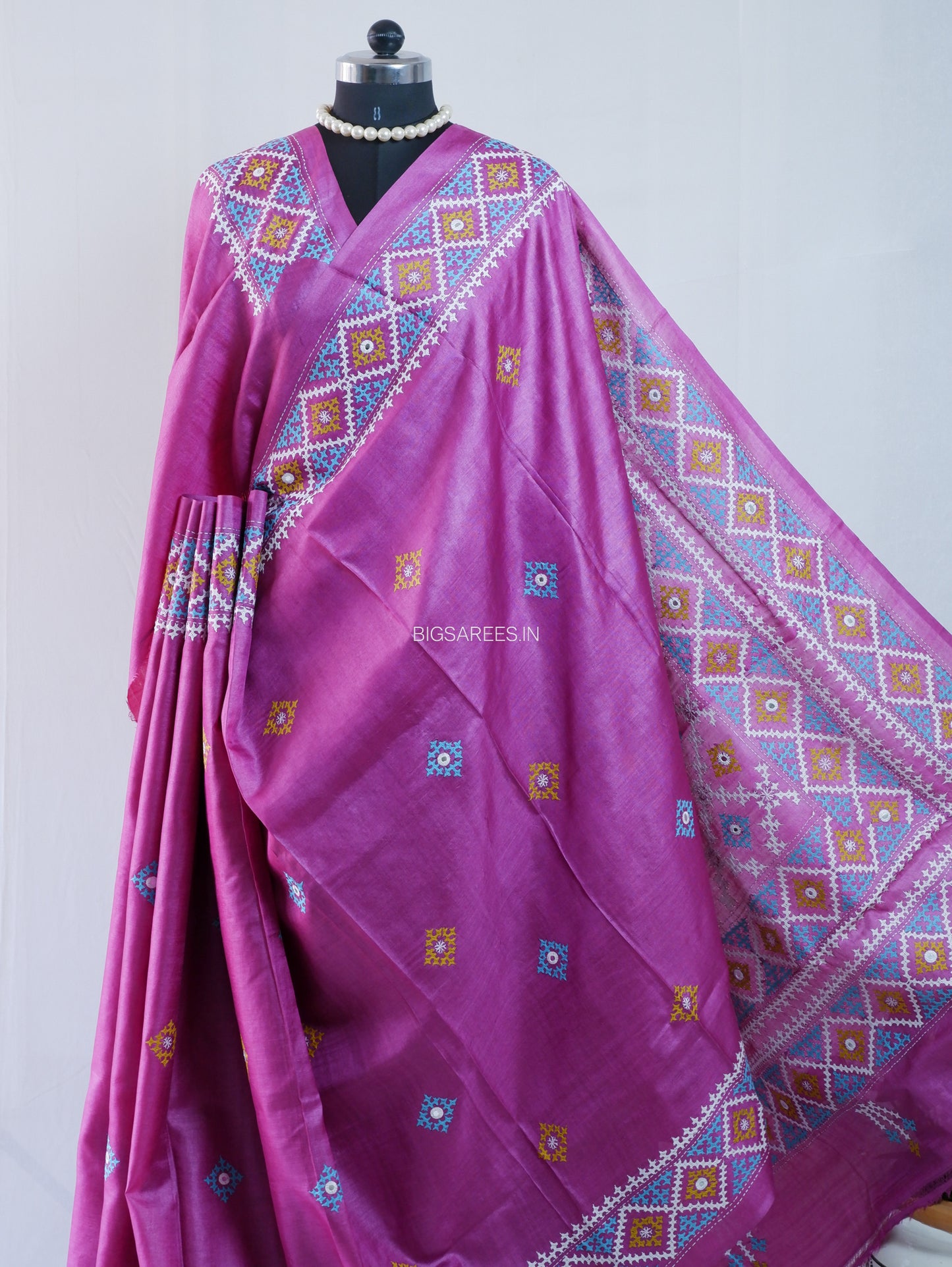Gujrati/Kutch Hand Embroidered Saree | Tassar Silk | Silk Marked | Pink
