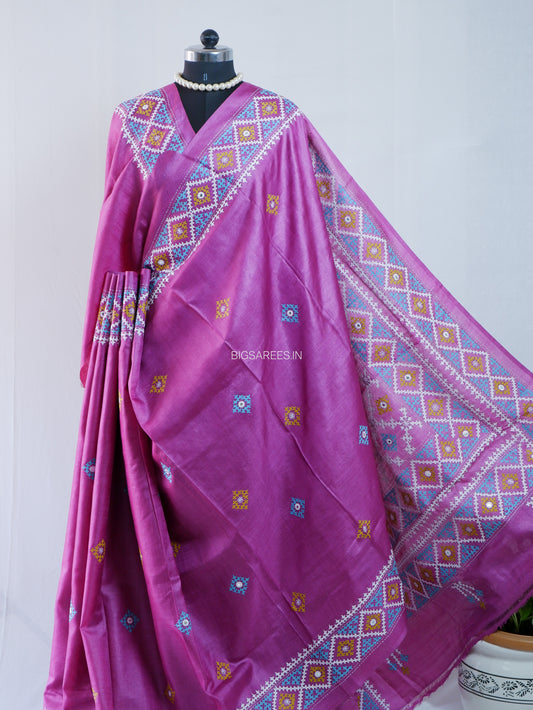 Gujrati/Kutch Hand Embroidered Saree | Tassar Silk | Silk Marked | Pink