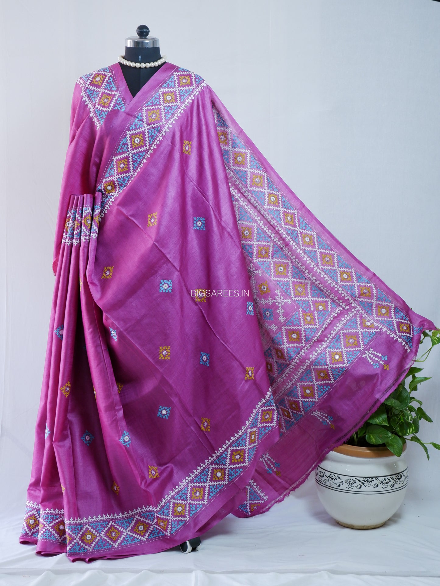 Gujrati/Kutch Hand Embroidered Saree | Tassar Silk | Silk Marked | Pink