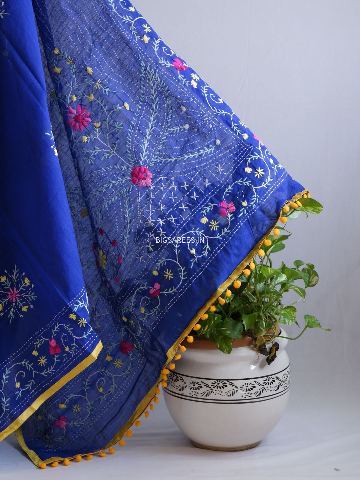 Phulkari Hand-Embroidered Saree | Chanderi Silk | Royal Blue