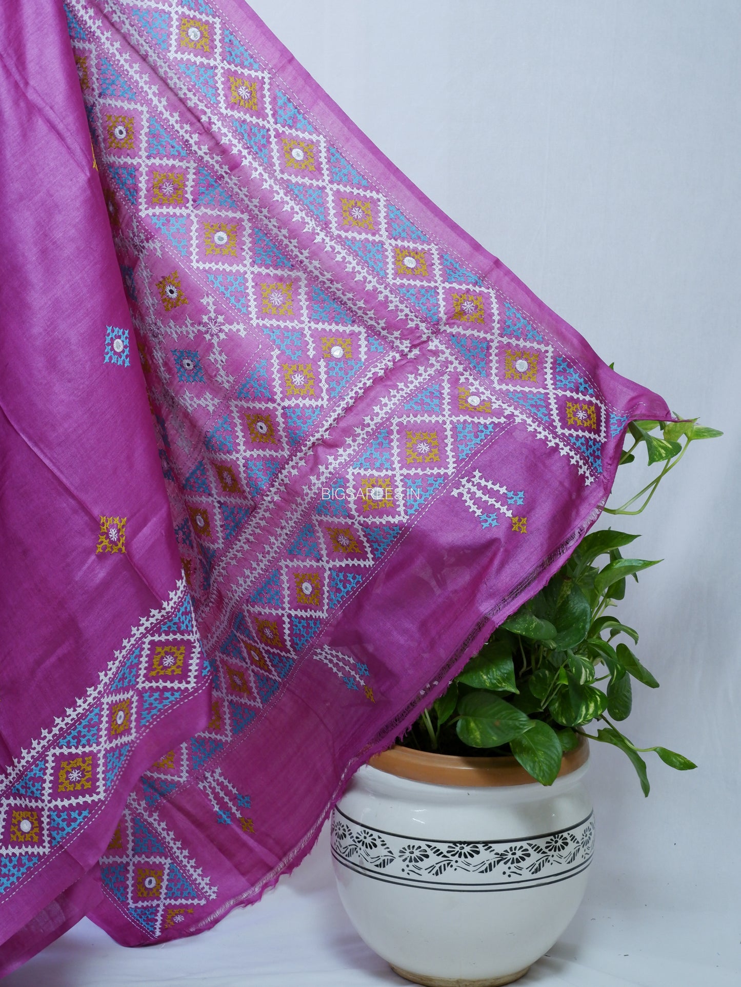 Gujrati/Kutch Hand Embroidered Saree | Tassar Silk | Silk Marked | Pink