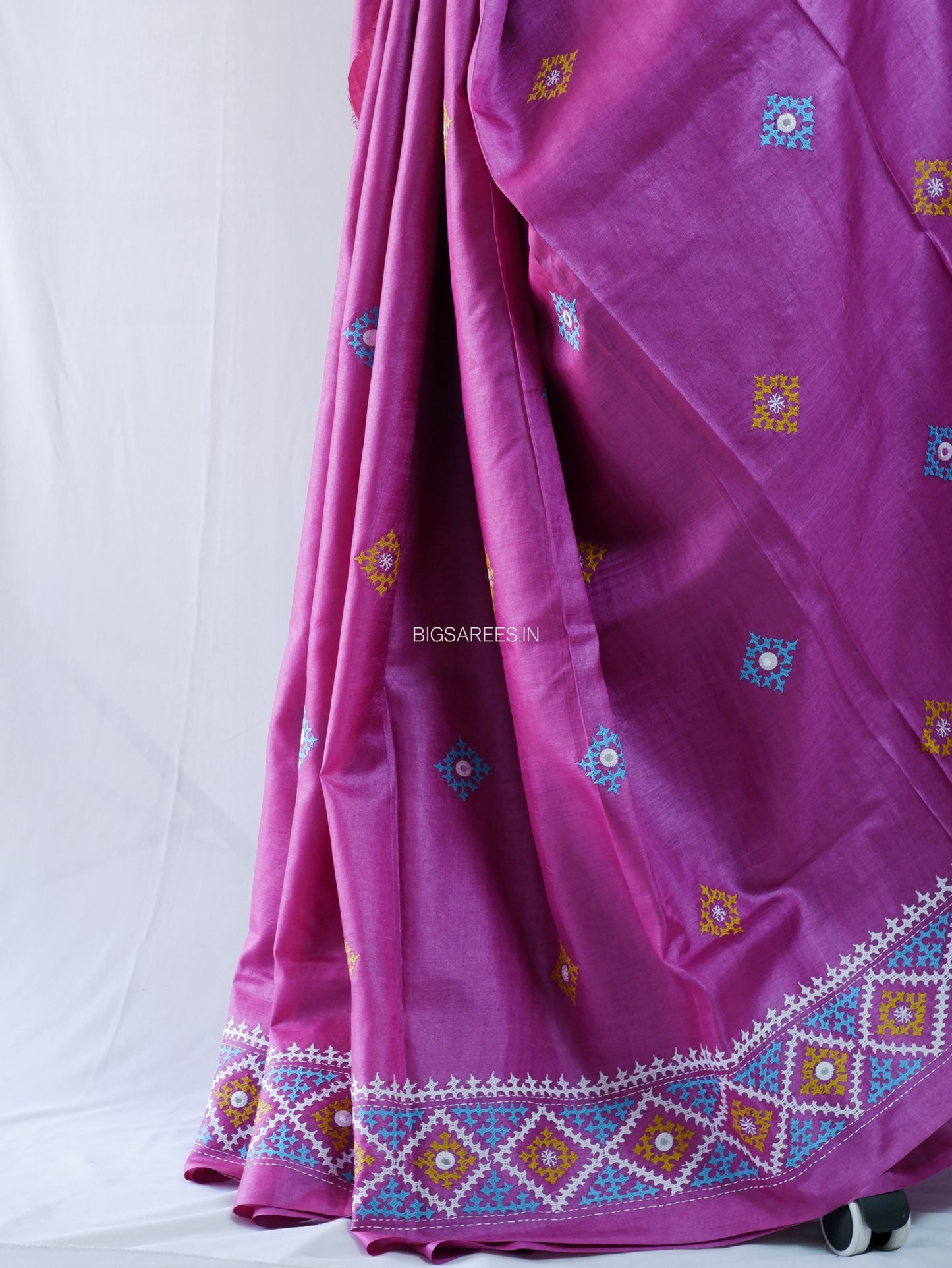 Gujrati/Kutch Hand Embroidered Saree | Tassar Silk | Silk Marked | Pink