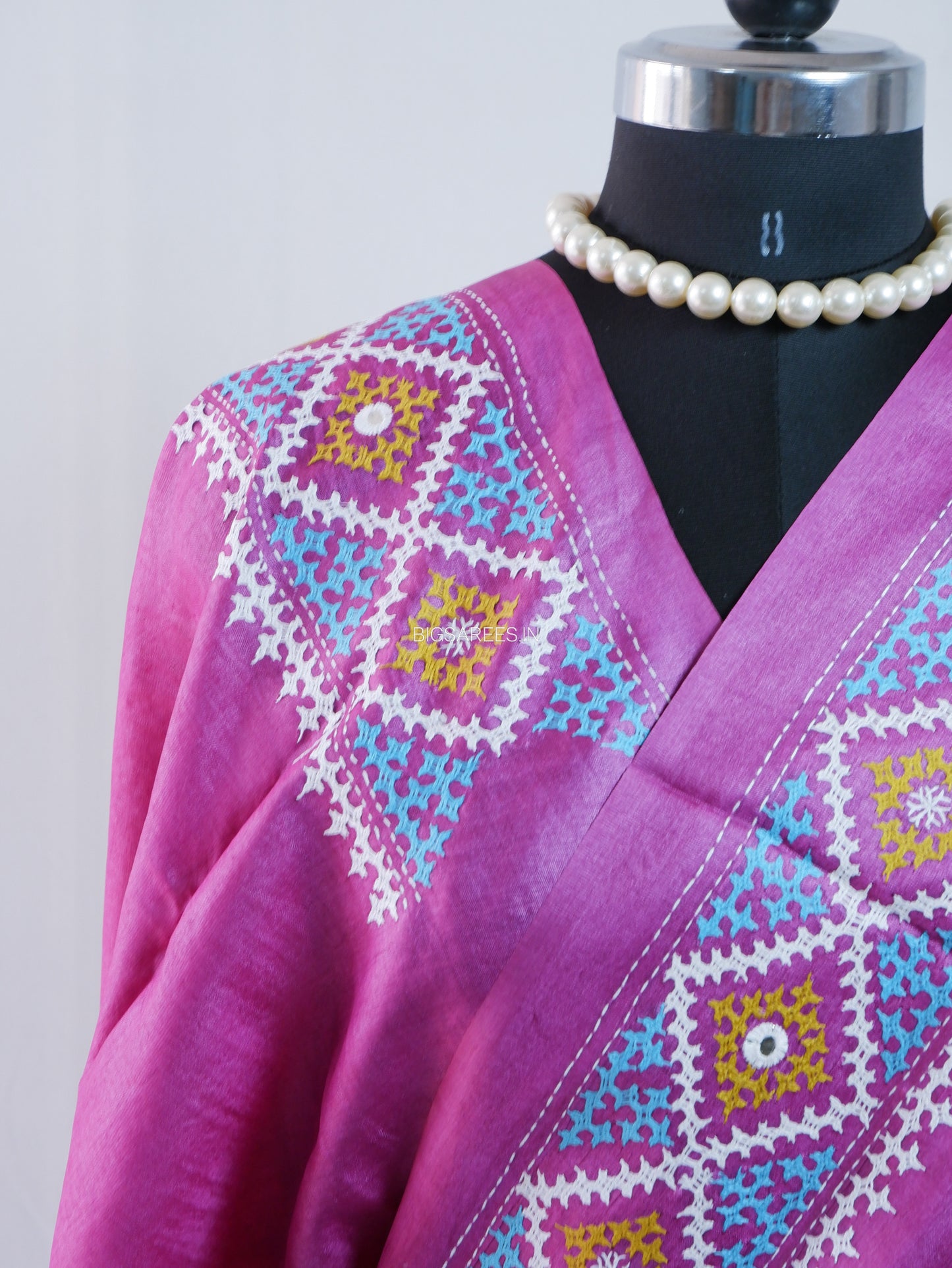 Gujrati/Kutch Hand Embroidered Saree | Tassar Silk | Silk Marked | Pink