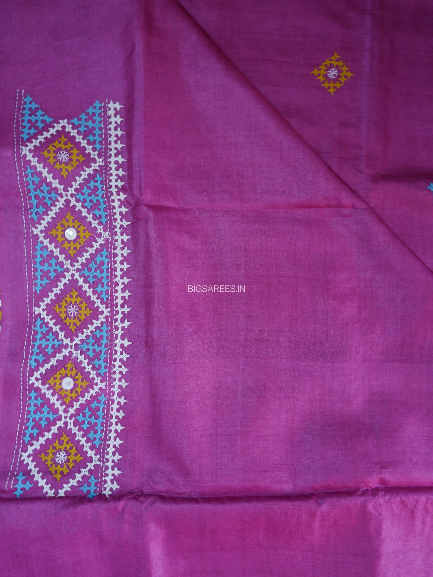 Gujrati/Kutch Hand Embroidered Saree | Tassar Silk | Silk Marked | Pink