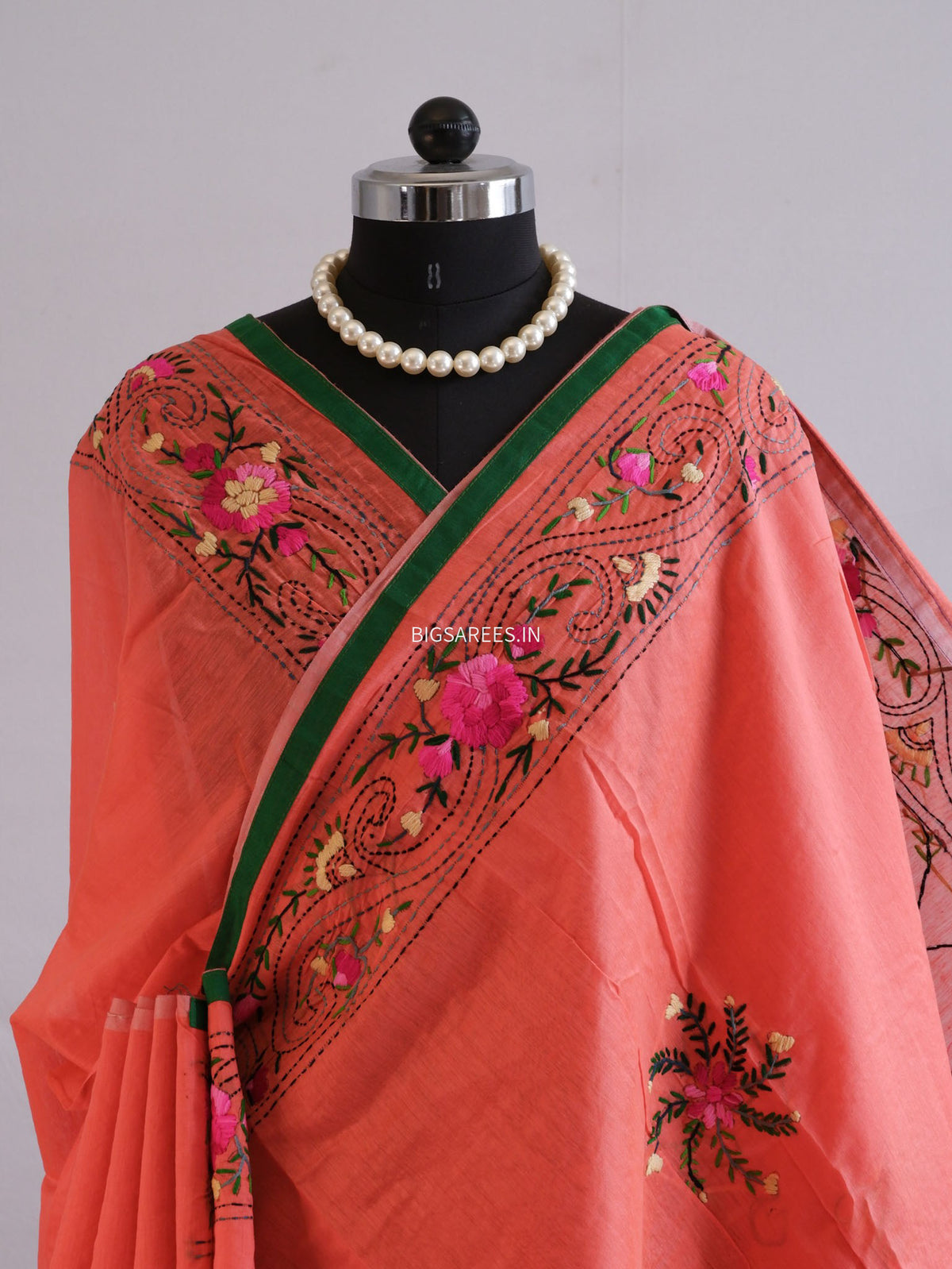 Phulkari Hand-Embroidered Saree | Chanderi Silk | Reddish Pink