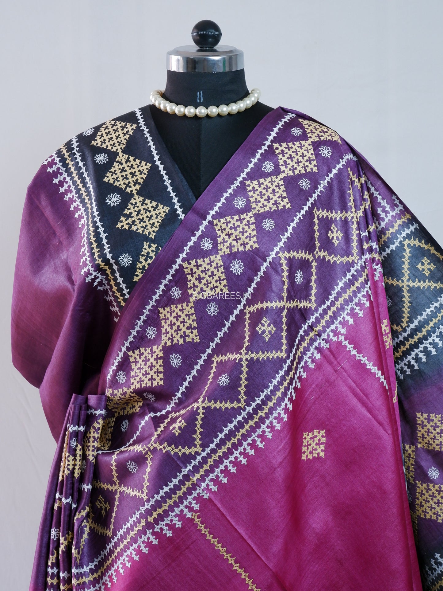 Gujrati/Kutch Hand Embroidered Saree | Tassar Silk | Silk Marked | Pink/Black