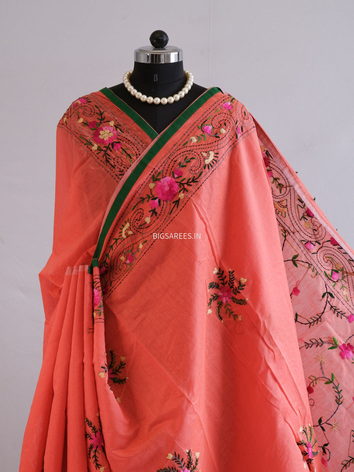 Phulkari Hand-Embroidered Saree | Chanderi Silk | Reddish Pink