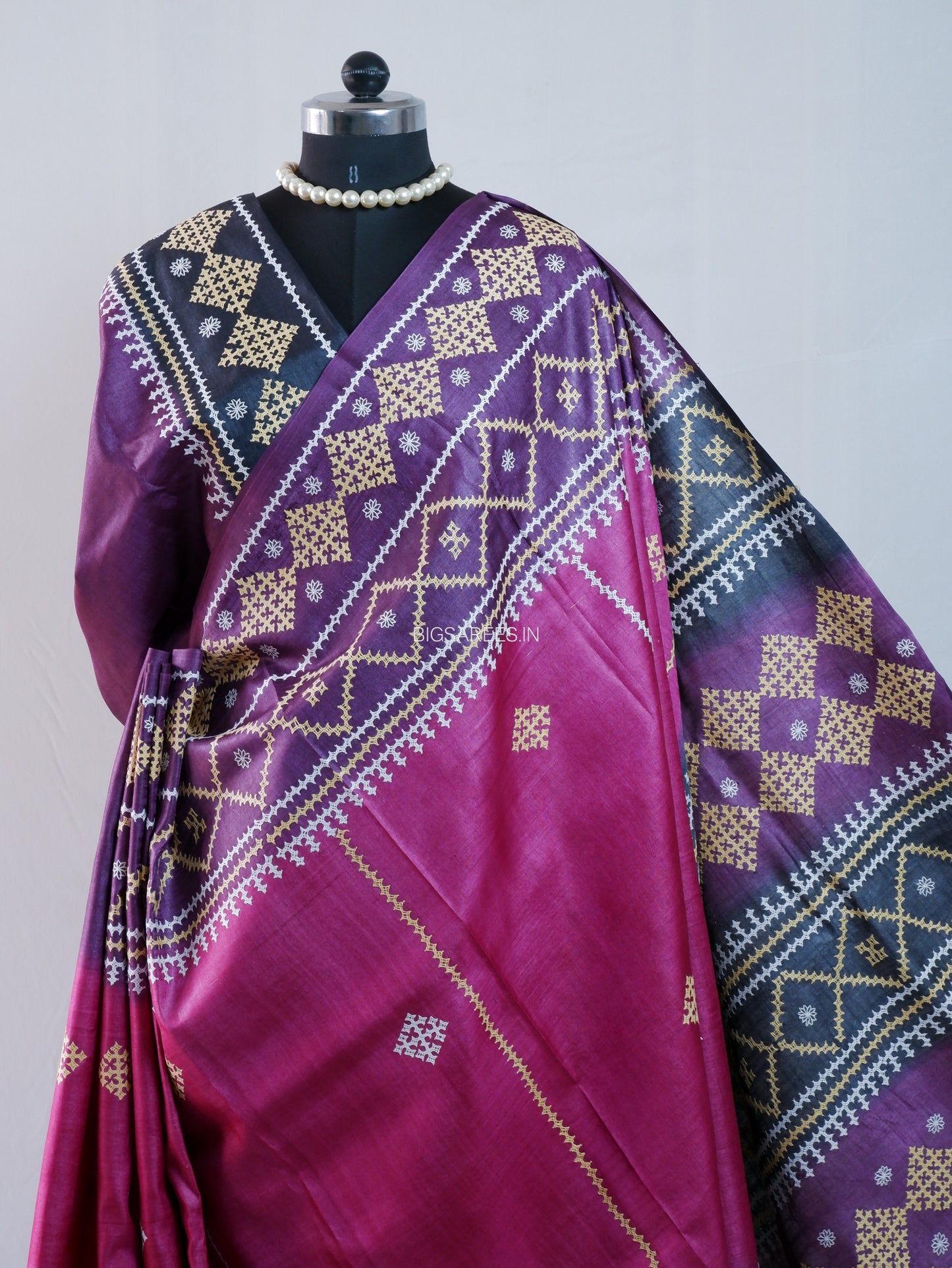 Gujrati/Kutch Hand Embroidered Saree | Tassar Silk | Silk Marked | Pink/Black