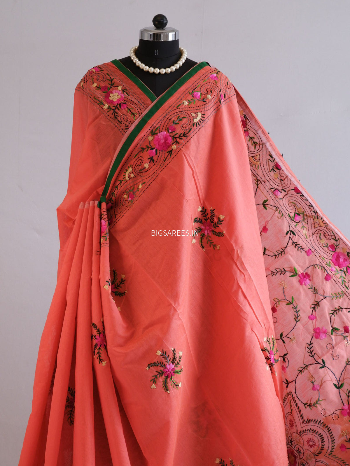 Phulkari Hand-Embroidered Saree | Chanderi Silk | Reddish Pink