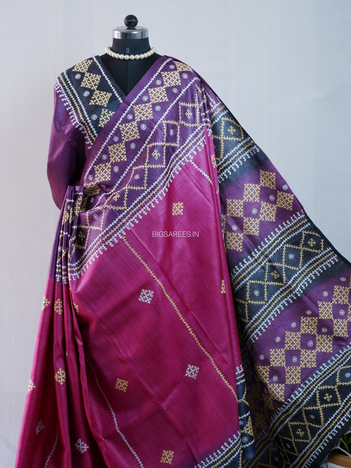 Gujrati/Kutch Hand Embroidered Saree | Tassar Silk | Silk Marked | Pink/Black