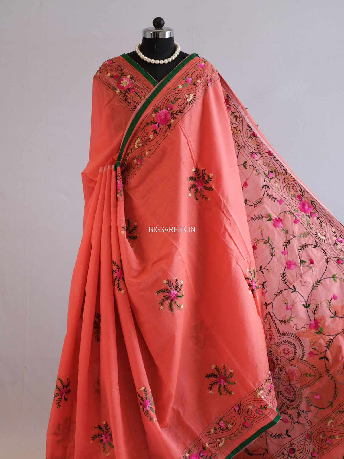 Phulkari Hand-Embroidered Saree | Chanderi Silk | Reddish Pink