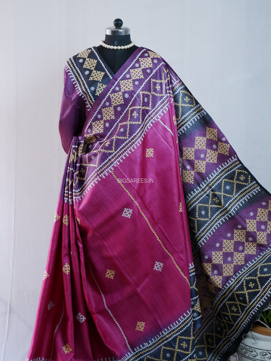 Gujrati/Kutch Hand Embroidered Saree | Tassar Silk | Silk Marked | Pink/Black