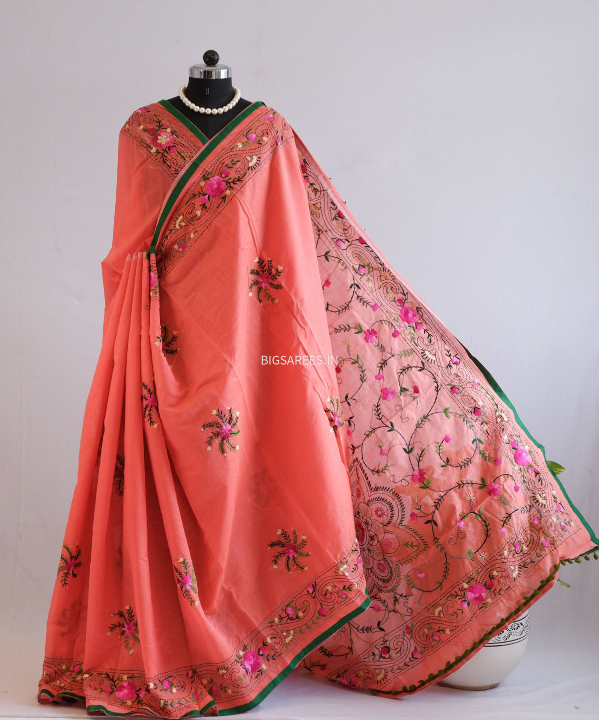 Phulkari Hand-Embroidered Saree | Chanderi Silk | Reddish Pink