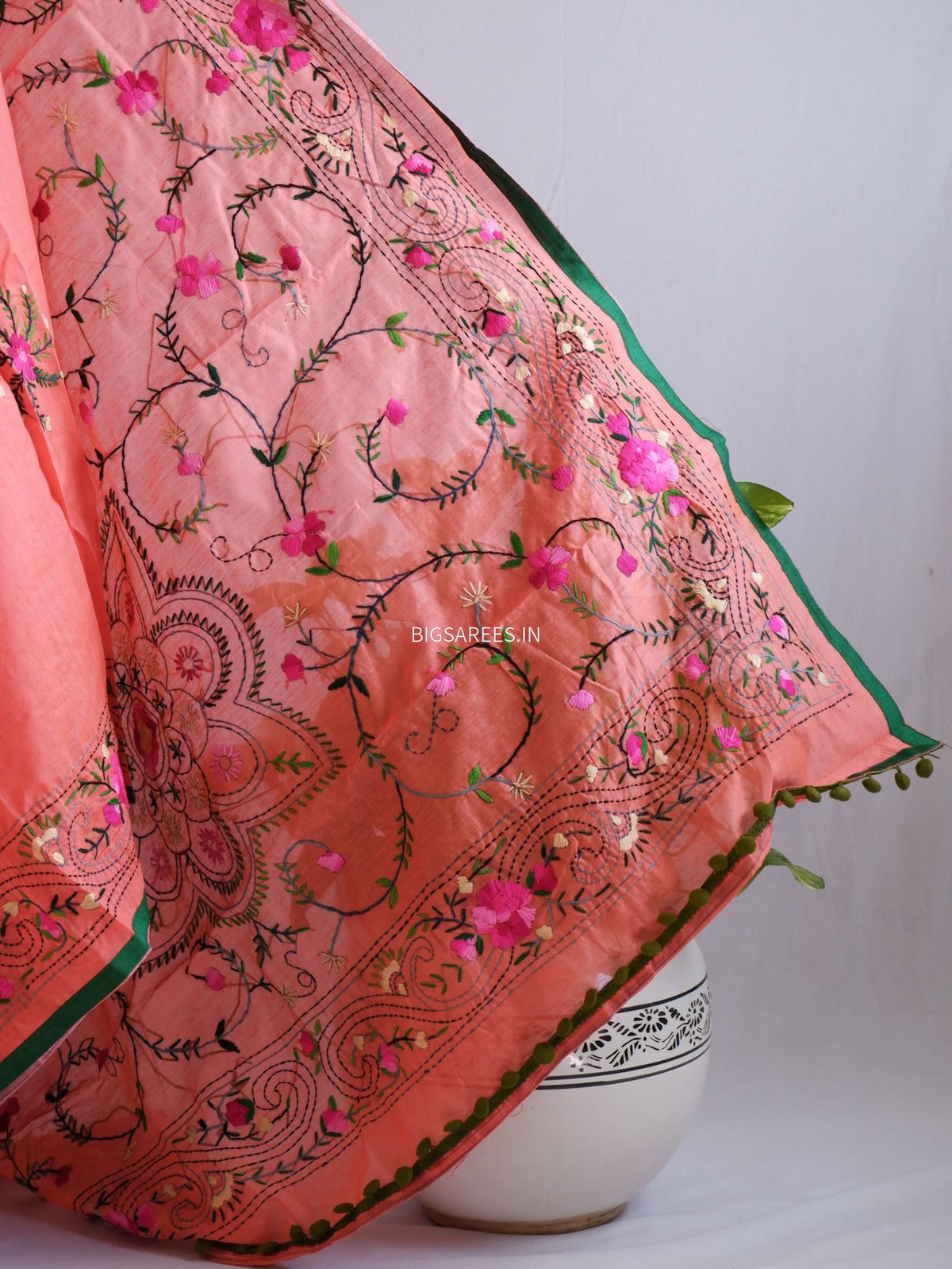 Phulkari Hand-Embroidered Saree | Chanderi Silk | Reddish Pink