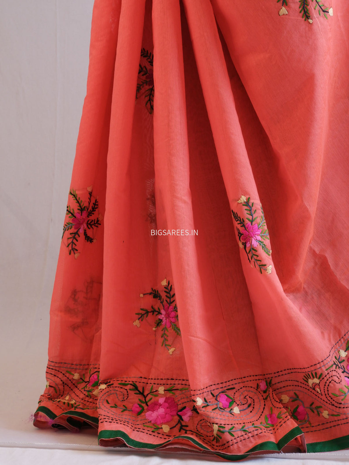 Phulkari Hand-Embroidered Saree | Chanderi Silk | Reddish Pink