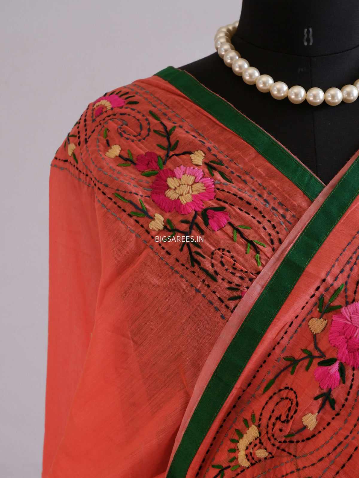 Phulkari Hand-Embroidered Saree | Chanderi Silk | Reddish Pink