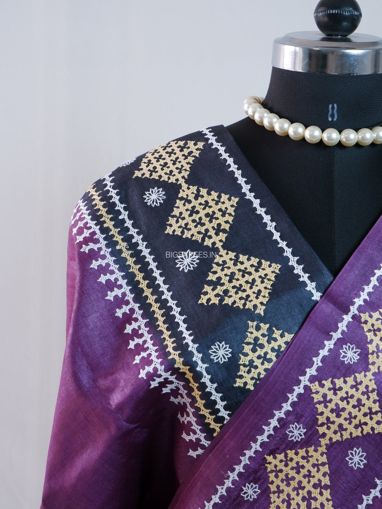Gujrati/Kutch Hand Embroidered Saree | Tassar Silk | Silk Marked | Pink/Black
