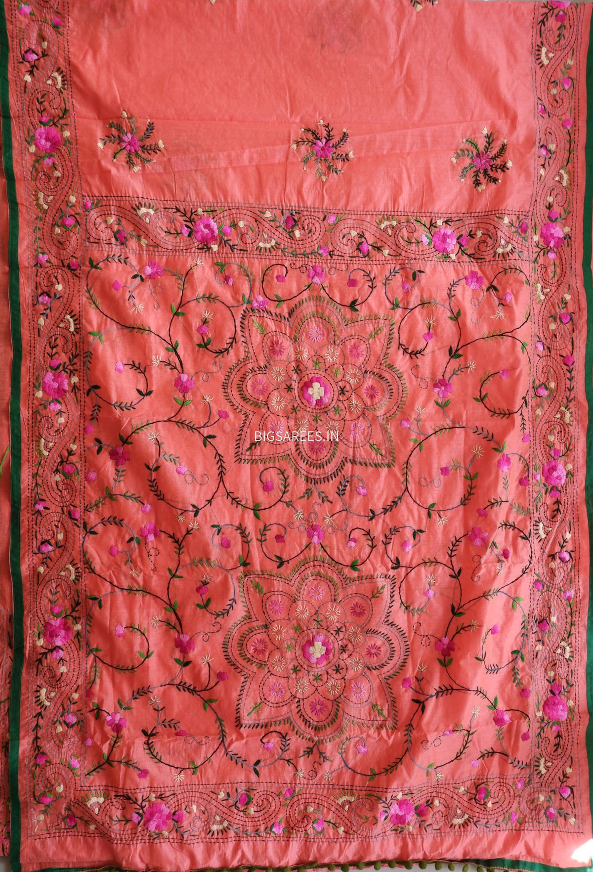 Phulkari Hand-Embroidered Saree | Chanderi Silk | Reddish Pink