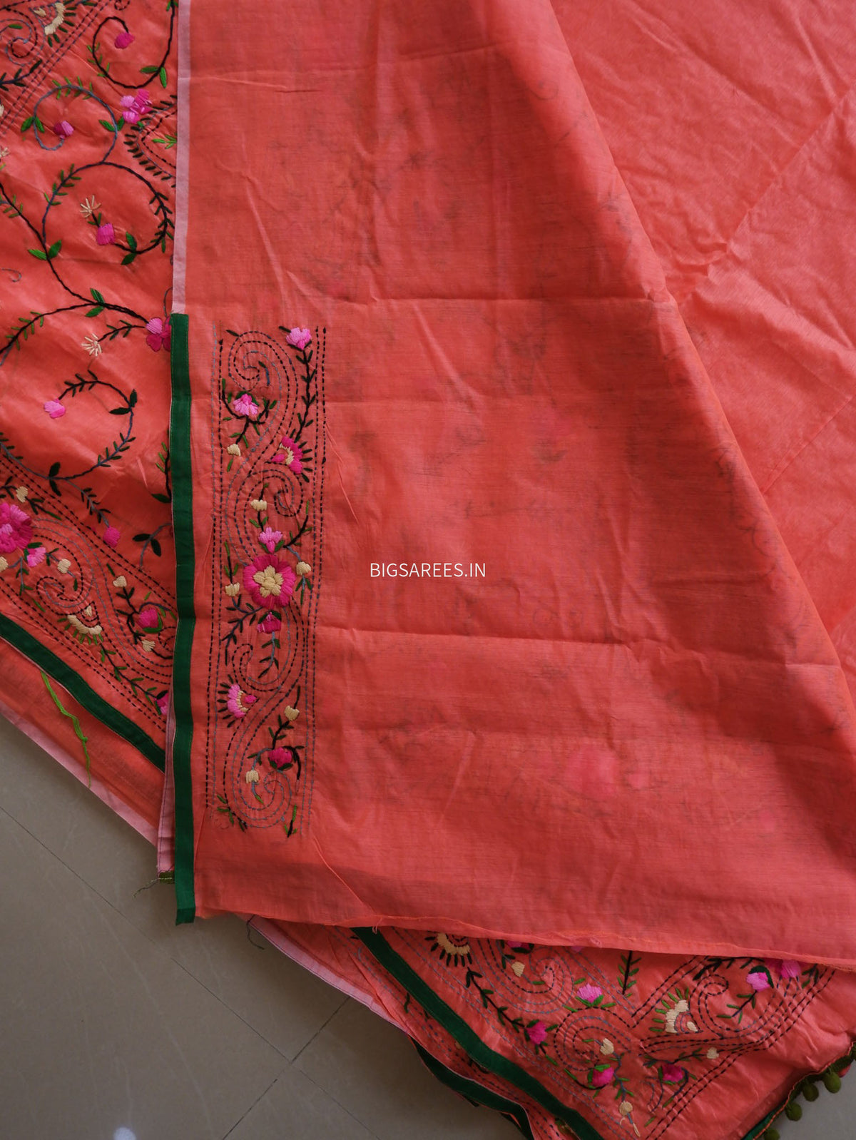 Phulkari Hand-Embroidered Saree | Chanderi Silk | Reddish Pink