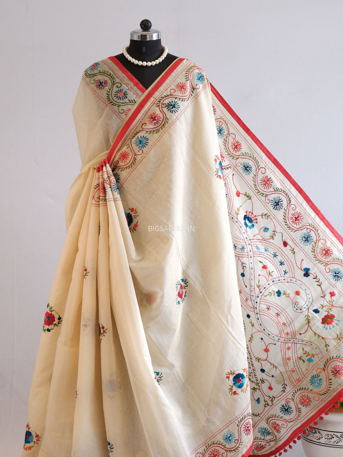 Phulkari Hand-Embroidered Saree | Chanderi Silk | Scrolled Parchment