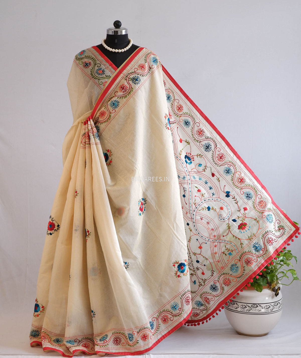Phulkari Hand-Embroidered Saree | Chanderi Silk | Scrolled Parchment