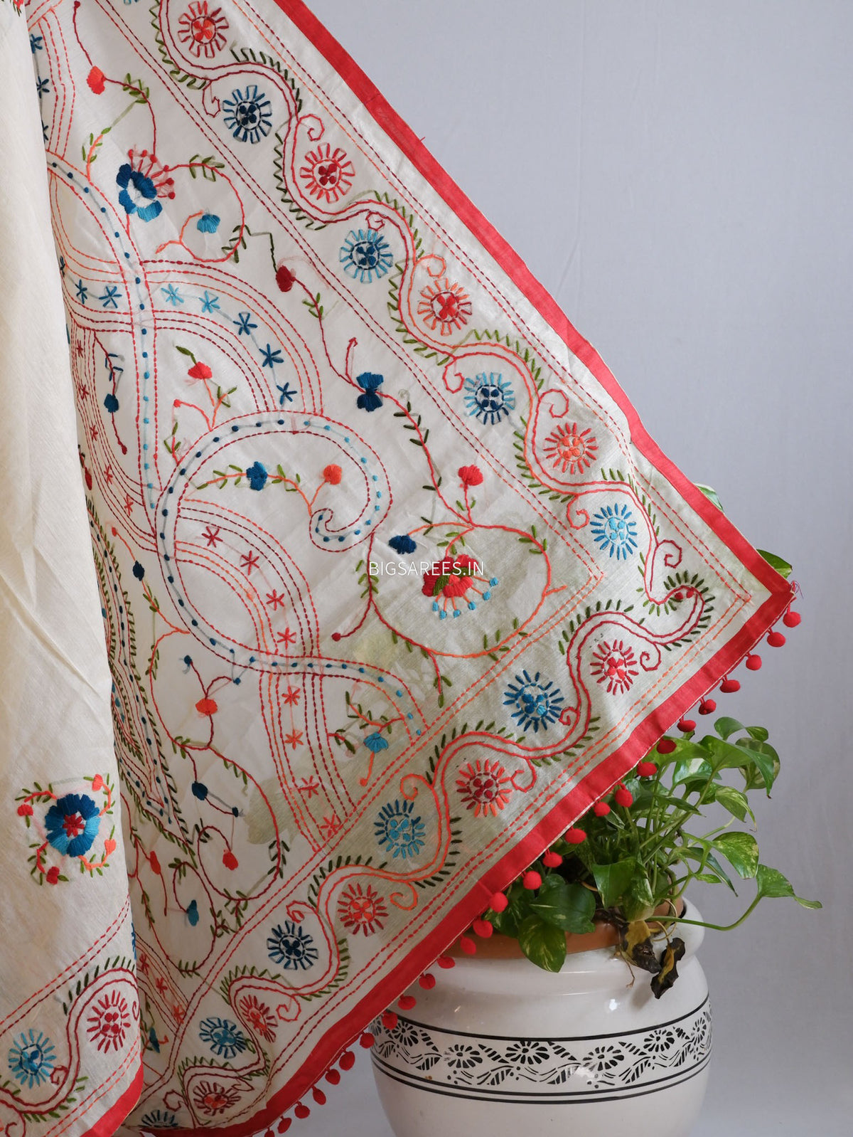 Phulkari Hand-Embroidered Saree | Chanderi Silk | Scrolled Parchment