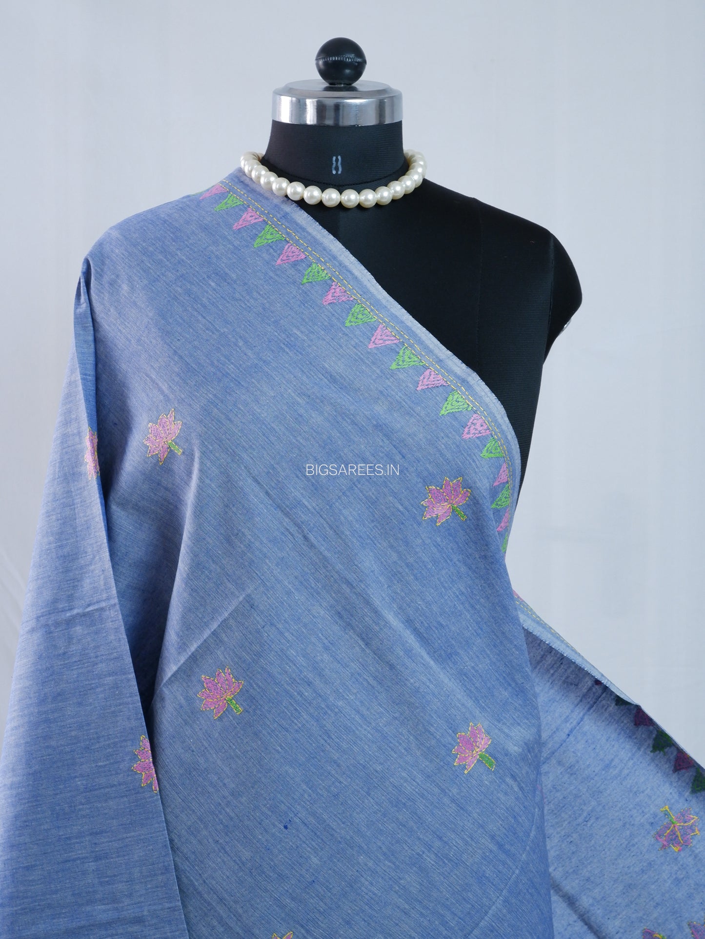 Hand-Embroidered Kantha Stitch Dupatta | Khadi Cotton | Light Denim Blue