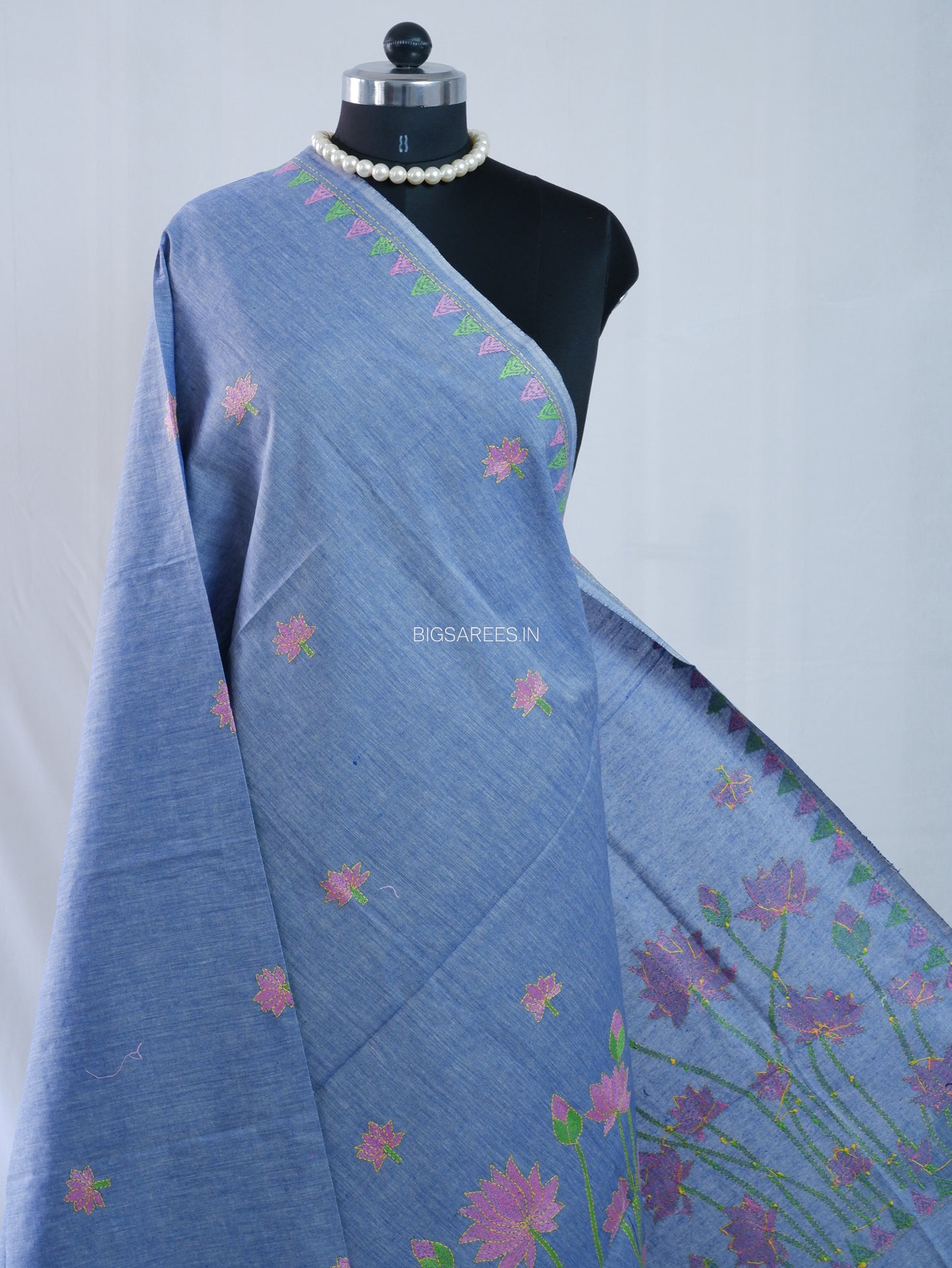 Hand-Embroidered Kantha Stitch Dupatta | Khadi Cotton | Light Denim Blue