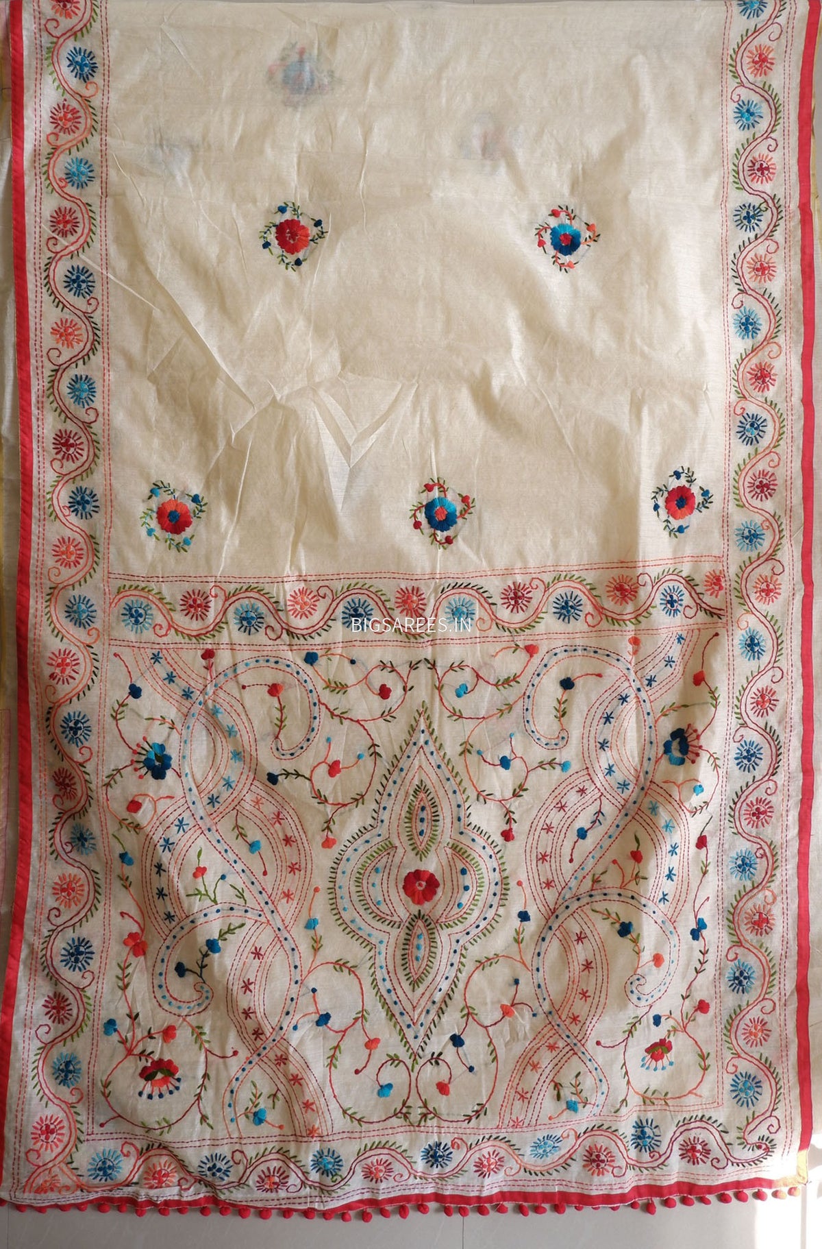 Phulkari Hand-Embroidered Saree | Chanderi Silk | Scrolled Parchment