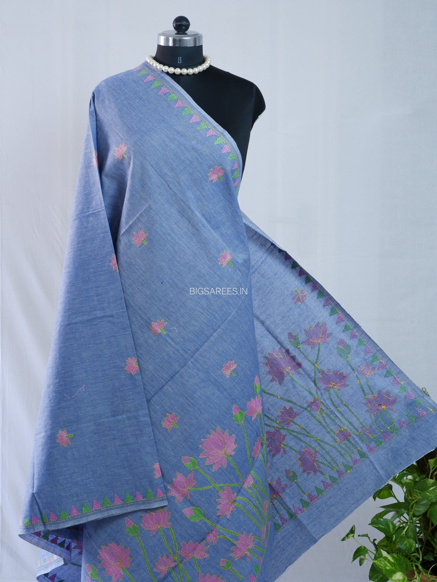 Hand-Embroidered Kantha Stitch Dupatta | Khadi Cotton | Light Denim Blue