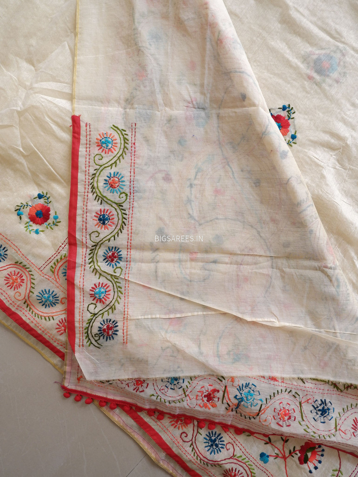 Phulkari Hand-Embroidered Saree | Chanderi Silk | Scrolled Parchment