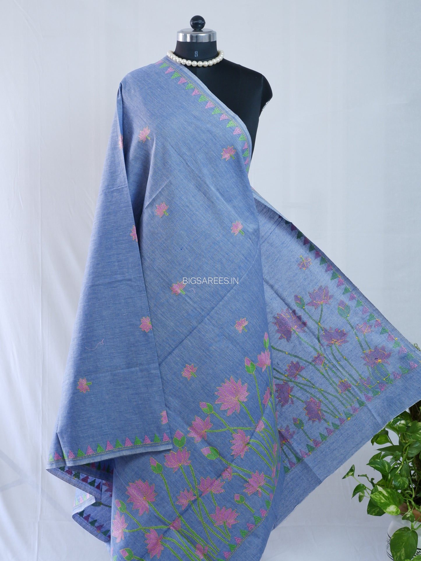 Hand-Embroidered Kantha Stitch Dupatta | Khadi Cotton | Light Denim Blue