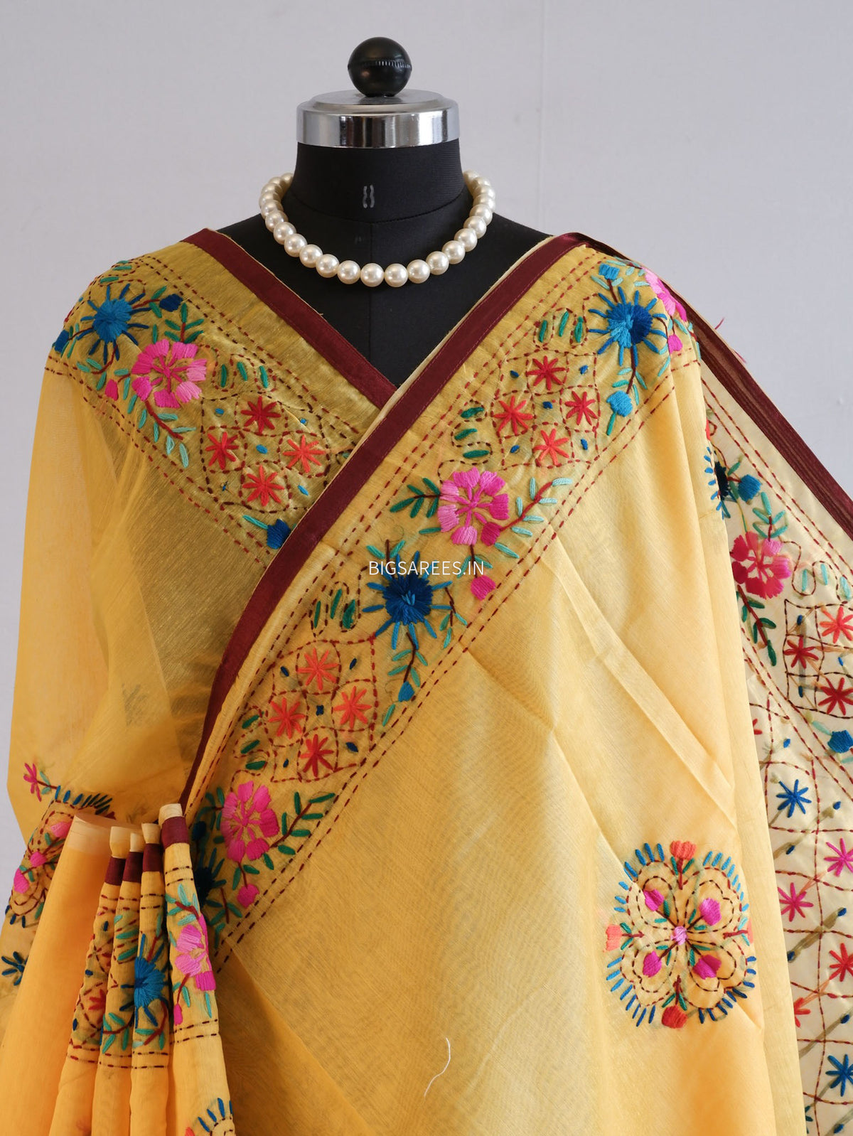 Phulkari Hand-Embroidered Saree | Chanderi Silk | Medium Chrome Yellow
