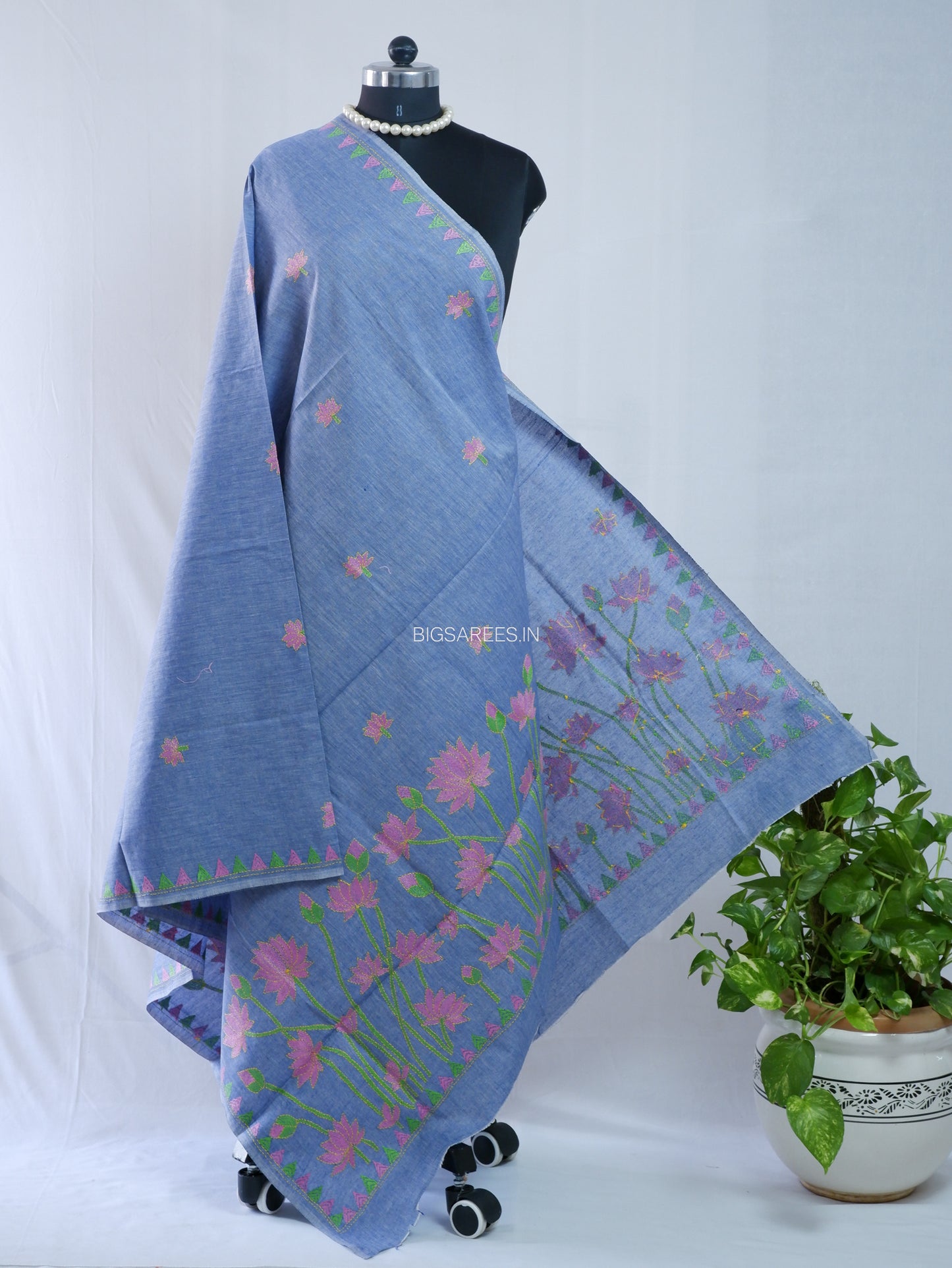 Hand-Embroidered Kantha Stitch Dupatta | Khadi Cotton | Light Denim Blue