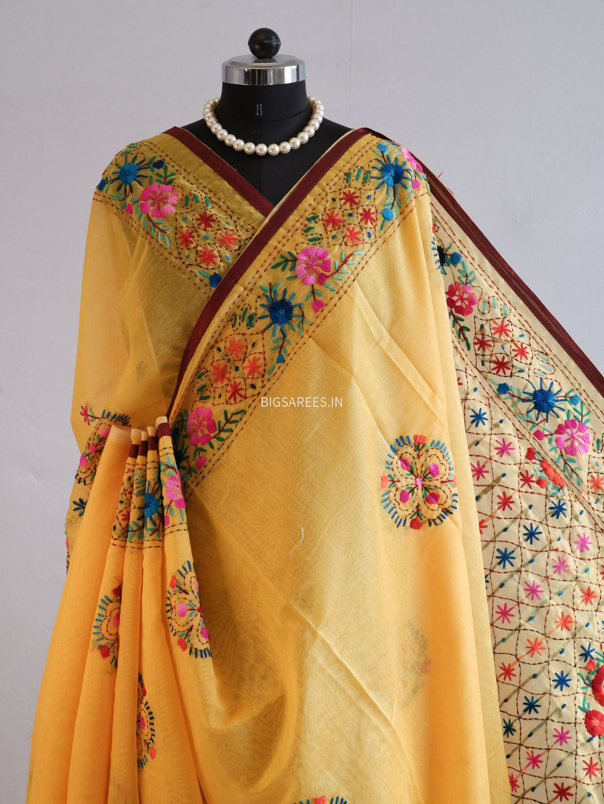 Phulkari Hand-Embroidered Saree | Chanderi Silk | Medium Chrome Yellow