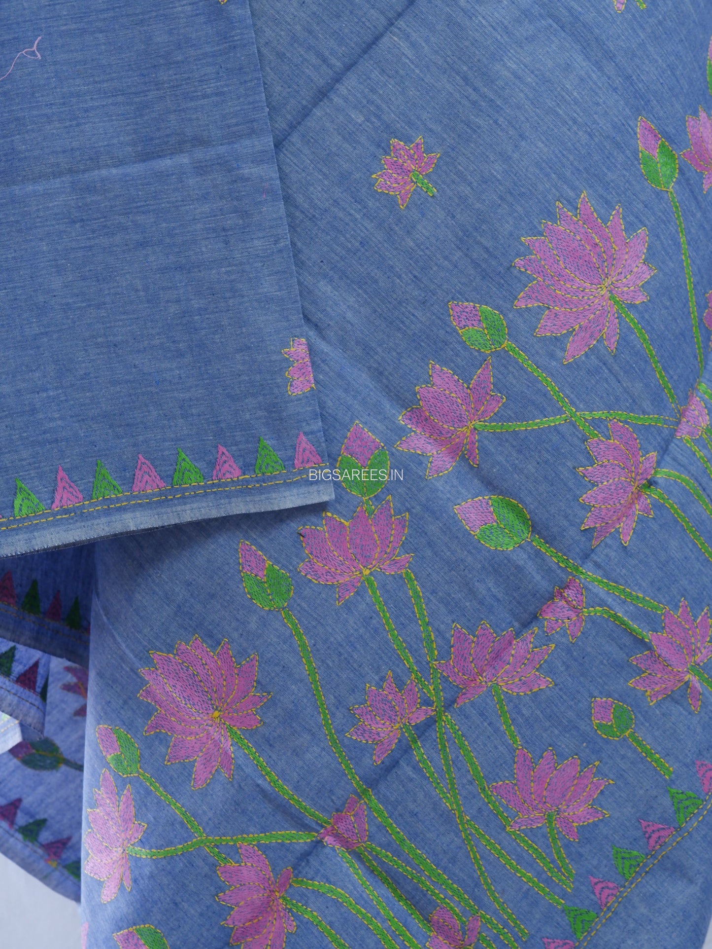 Hand-Embroidered Kantha Stitch Dupatta | Khadi Cotton | Light Denim Blue