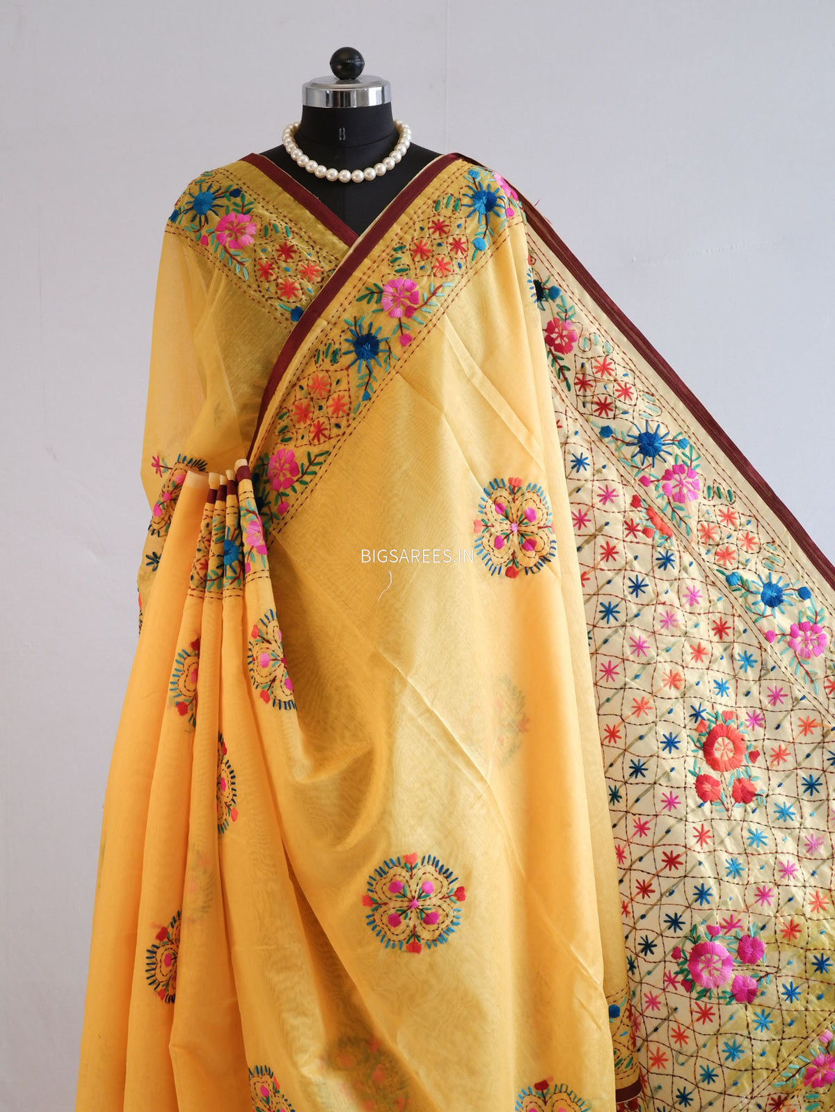 Phulkari Hand-Embroidered Saree | Chanderi Silk | Medium Chrome Yellow