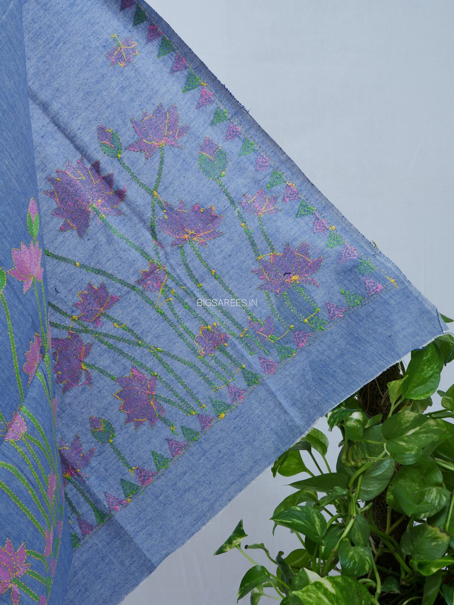 Hand-Embroidered Kantha Stitch Dupatta | Khadi Cotton | Light Denim Blue